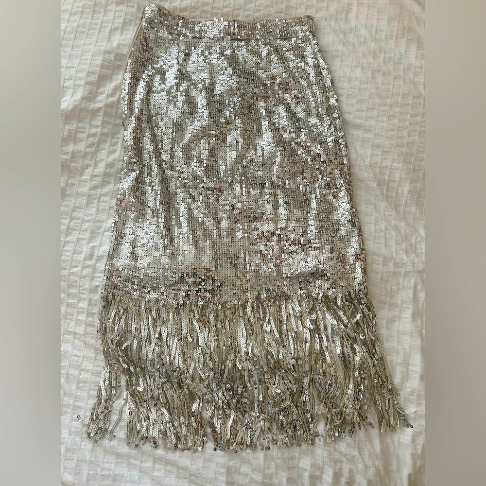 Silver sequin fringe midi skirt